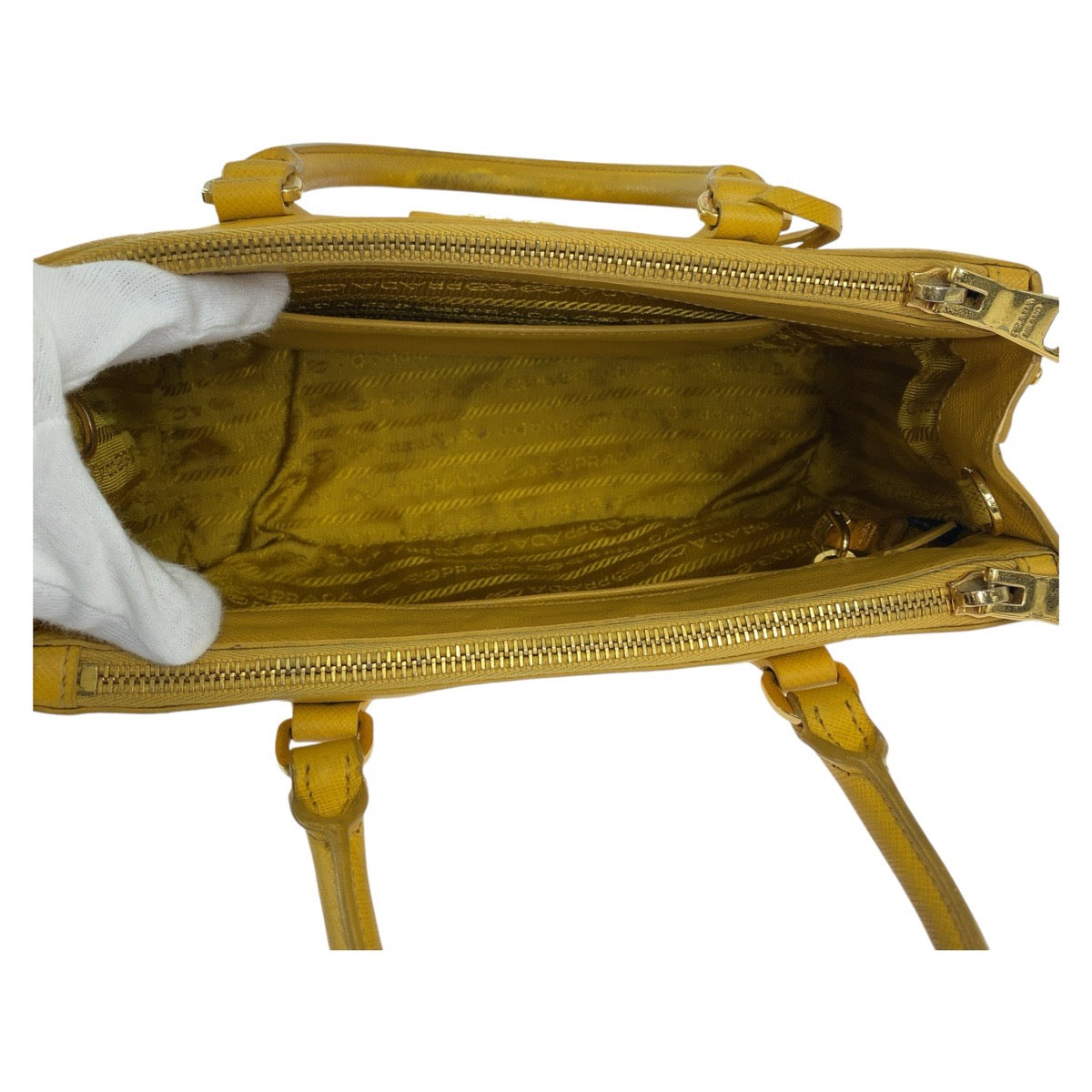 PRADA Handbag leather Yellow Gold Metal Handbag Tote Bag Shoulder Bag 2way Safiano TriangleWith logo Galleria Women Used Authentic