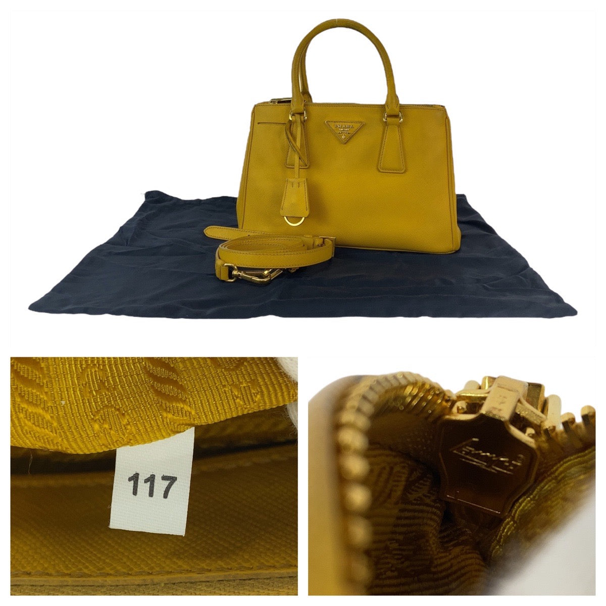 PRADA Handbag leather Yellow Gold Metal Handbag Tote Bag Shoulder Bag 2way Safiano TriangleWith logo Galleria Women Used Authentic