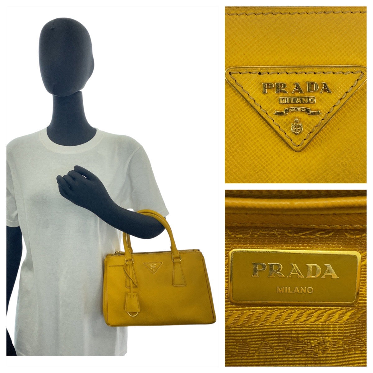 PRADA Handbag leather Yellow Gold Metal Handbag Tote Bag Shoulder Bag 2way Safiano TriangleWith logo Galleria Women Used Authentic