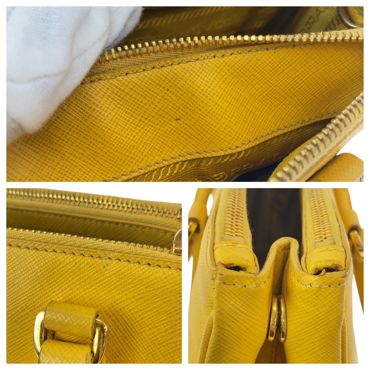 PRADA Handbag leather Yellow Gold Metal Handbag Tote Bag Shoulder Bag 2way Safiano TriangleWith logo Galleria Women Used Authentic