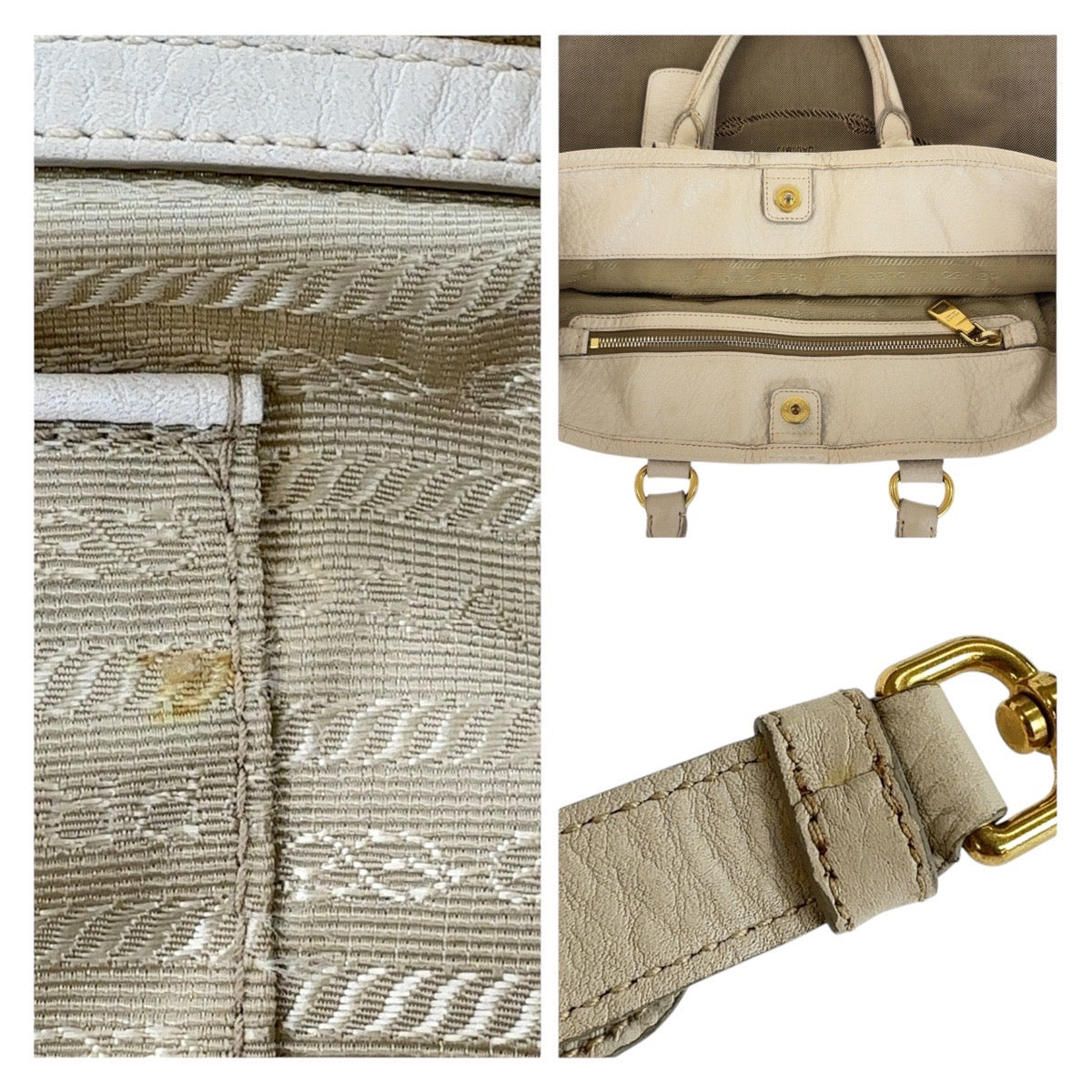 PRADA Tote Bag Canvas, Leather Beige Gold Metal Tote Bag Shoulder Bag 2way Logo jacquard Women Used Authentic
