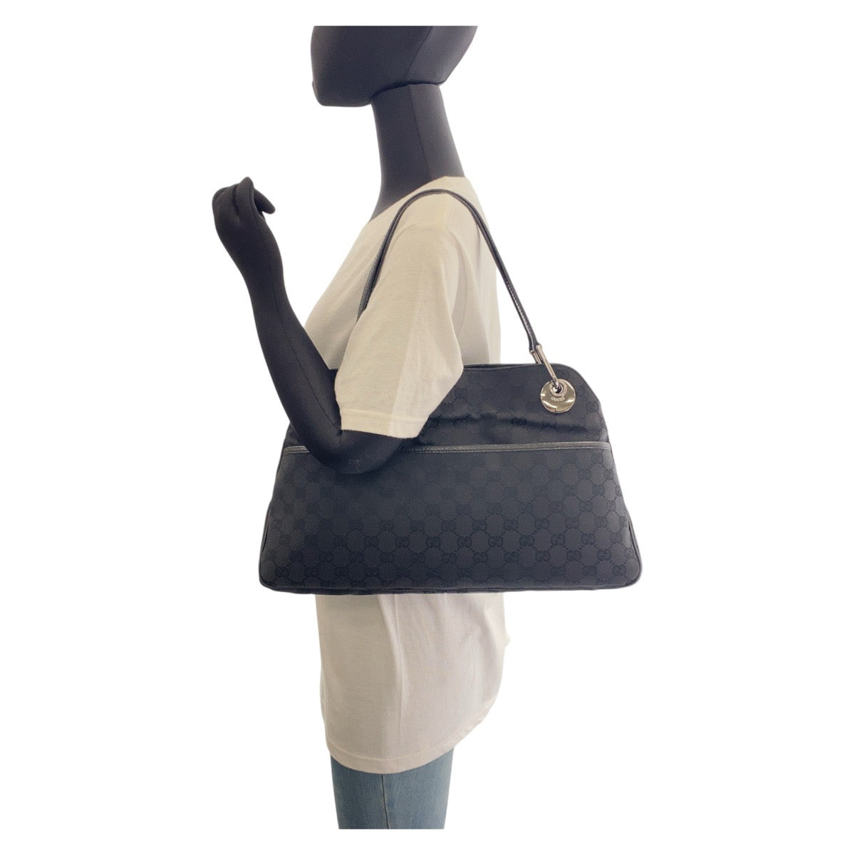 GUCCI Tote Bag 121023 GG canvas, leather Black SilverMetal Tote Bag Shoulder Bag Women Used Authentic