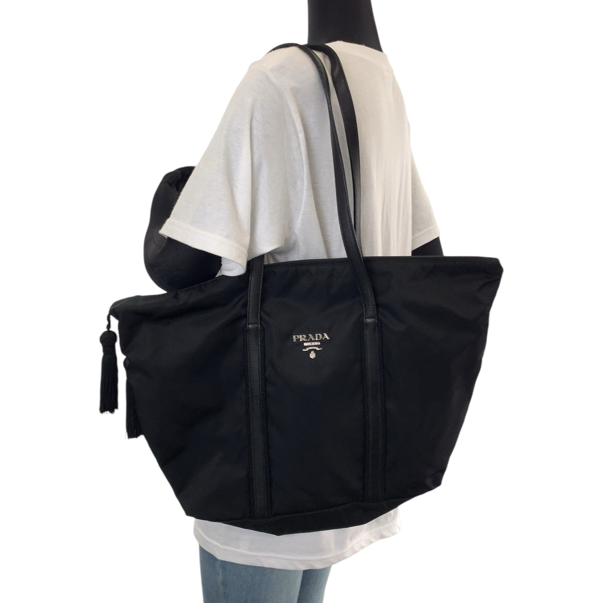 PRADA Tote Bag BR3920 Nylon Black SilverMetal Tote Bag Shoulder Bag Test Triangle With logo Fringe Women Used Authentic
