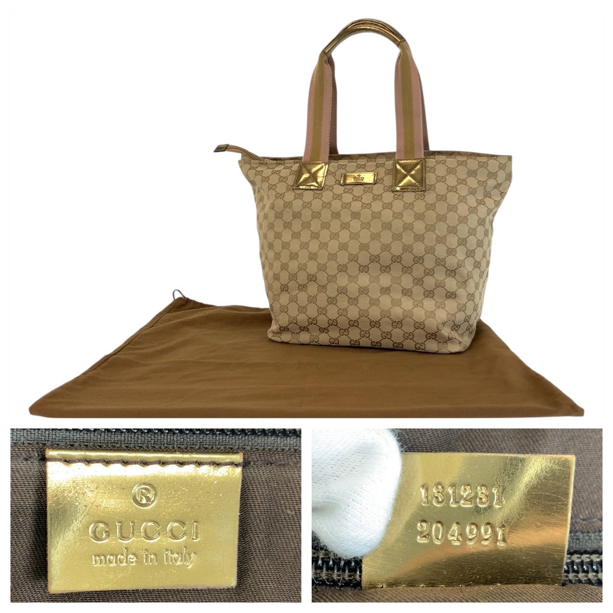 GUCCI Tote Bag 131231 GG canvas Beige Gold GoldMetal Tote Bag Shoulder Bag Women Used Authentic