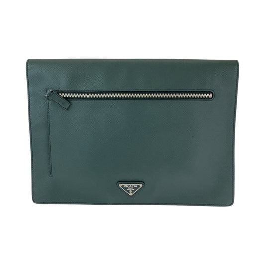 PRADA Clutch bag VR089M leather Bicolor Green Black SilverMetal Safiano Triangle With logo