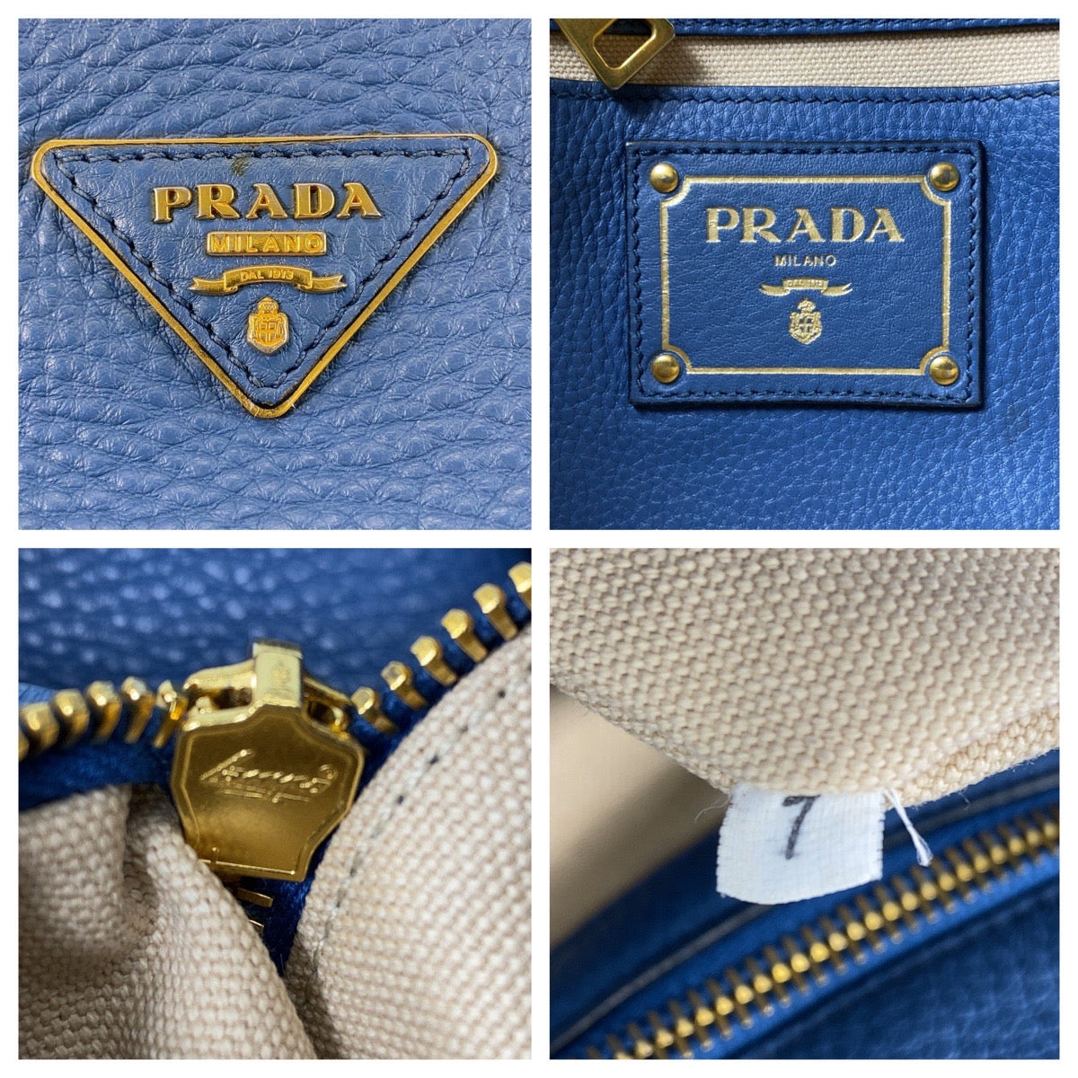 PRADA Tote Bag leather Blue GoldMetal Tote Bag Shoulder Bag Triangle With logo Women Used Authentic