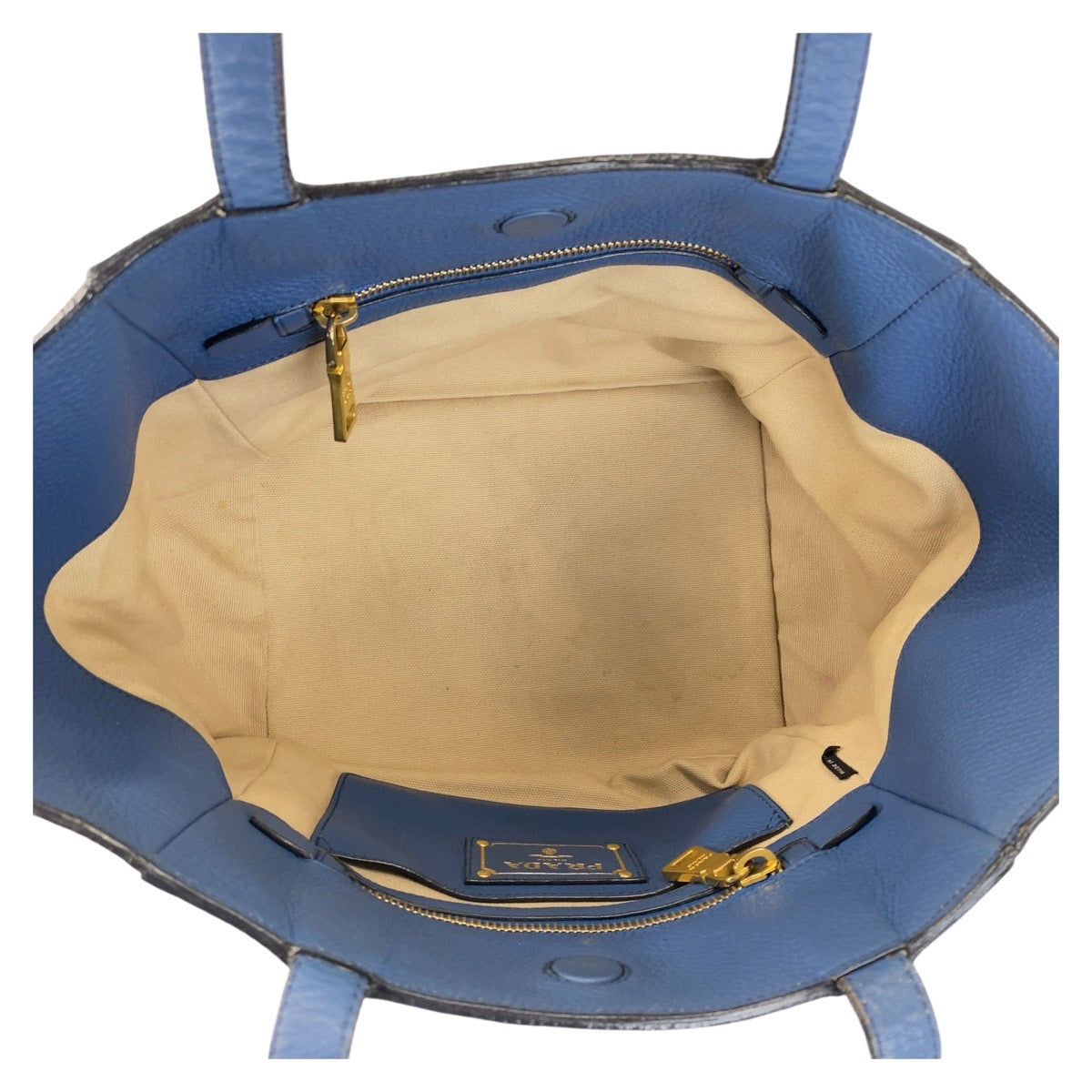 PRADA Tote Bag leather Blue GoldMetal Tote Bag Shoulder Bag Triangle With logo Women Used Authentic
