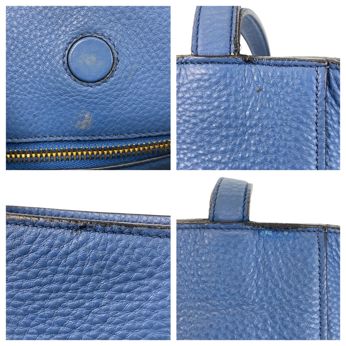 PRADA Tote Bag leather Blue GoldMetal Tote Bag Shoulder Bag Triangle With logo Women Used Authentic