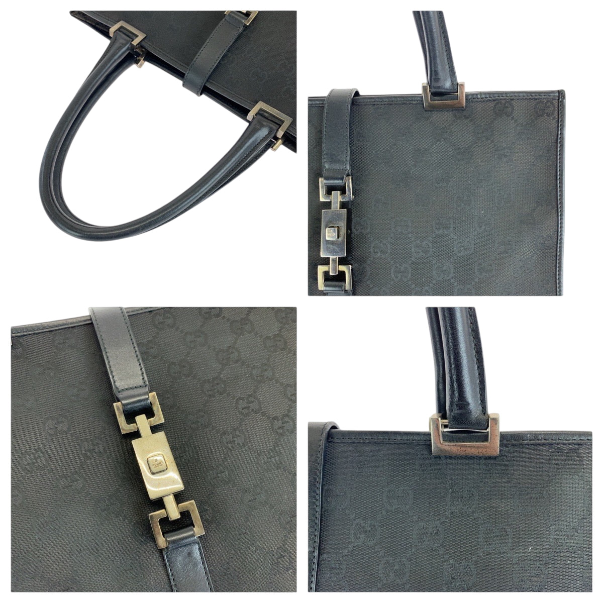 GUCCI Tote Bag 002 1064 GG canvas Black SilverMetal Tote Bag handbag Jackie Women Used Authentic
