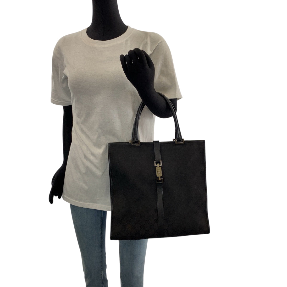 GUCCI Tote Bag 002 1064 GG canvas Black SilverMetal Tote Bag handbag Jackie Women Used Authentic