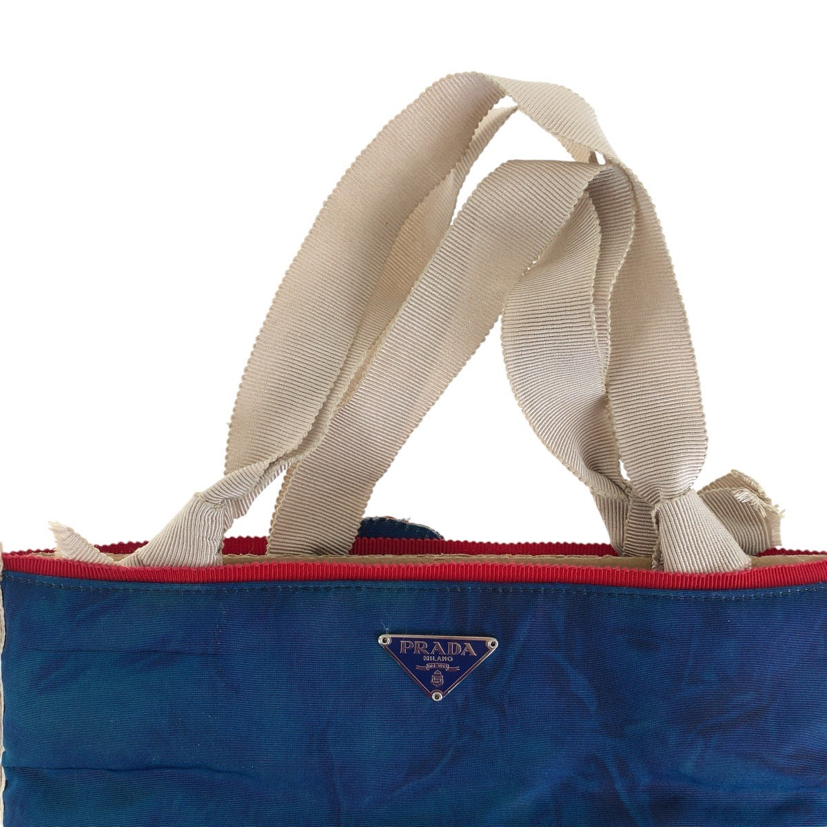 PRADA Tote Bag Nylon, Cotton Beige Multicolor SilverMetal Tote Bag handbag Patchwork Bird Triangle With logo Women Used Authentic