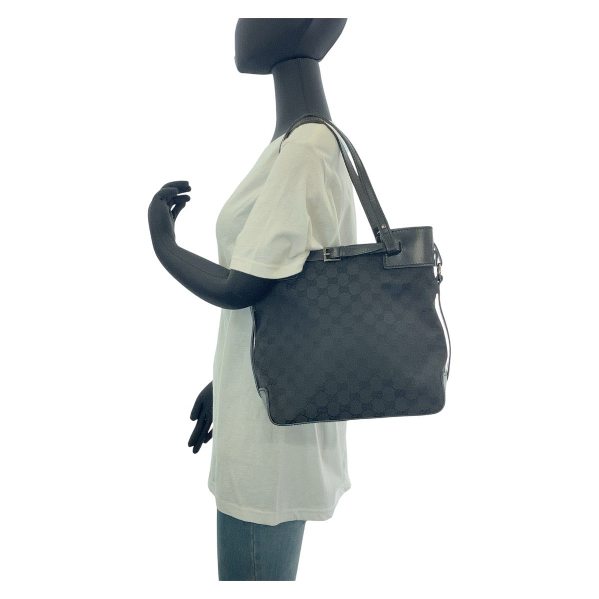 GUCCI Tote Bag 107757 GG canvas, leather Black Silver Metal Tote Bag Shoulder Bag Women Used Authentic