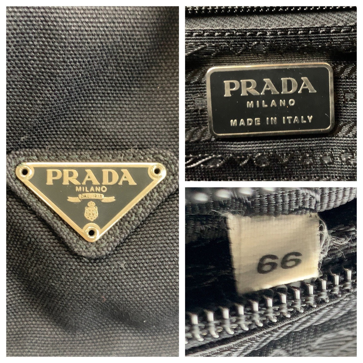 PRADA Tote Bag canvas BlackSilverMetal Tote Bag Shoulder Bag Triangle With logo Women Used Authentic