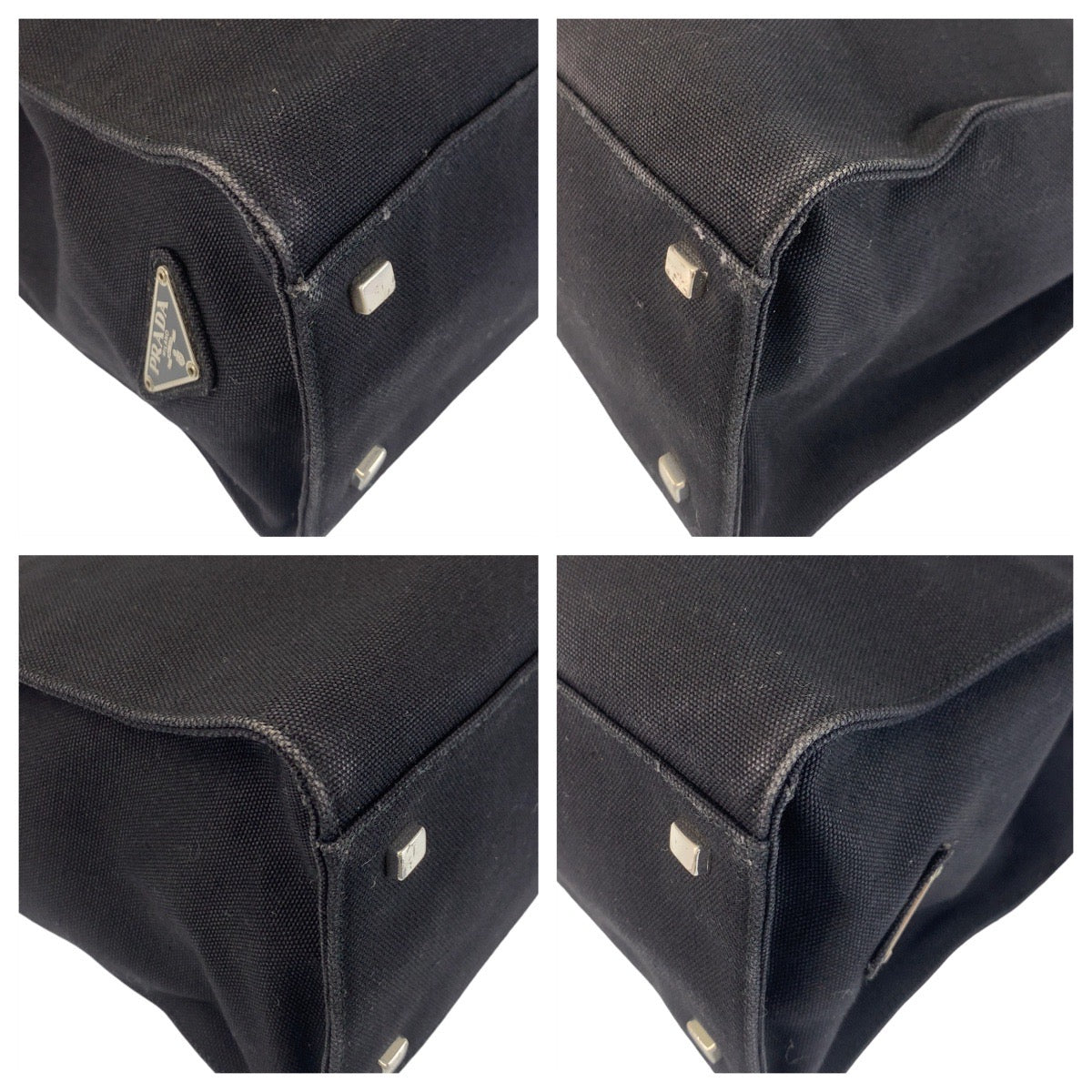 PRADA Tote Bag canvas BlackSilverMetal Tote Bag Shoulder Bag Triangle With logo Women Used Authentic