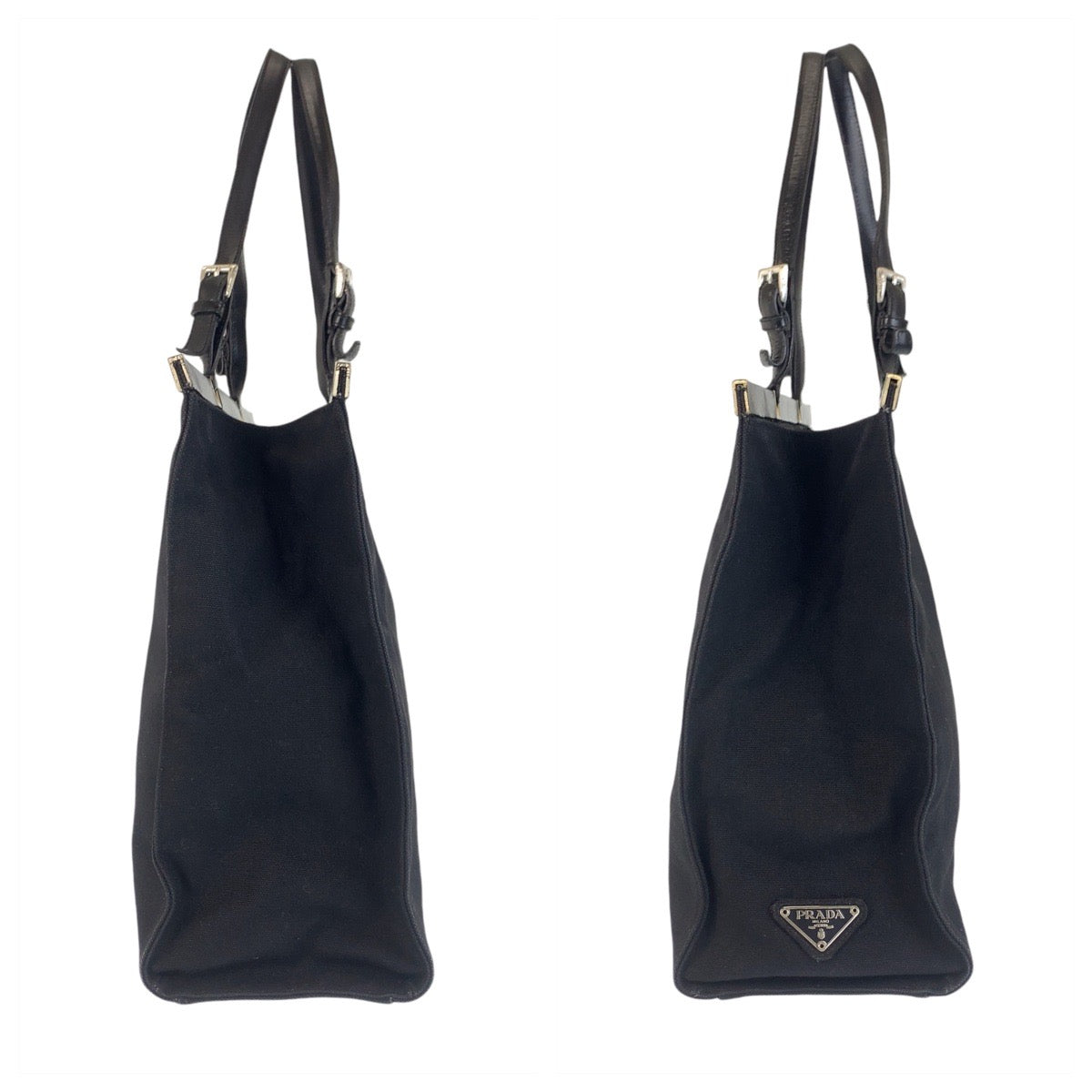 PRADA Tote Bag canvas BlackSilverMetal Tote Bag Shoulder Bag Triangle With logo Women Used Authentic