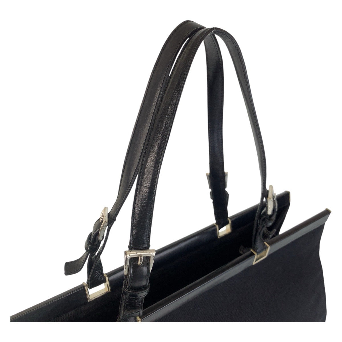 PRADA Tote Bag canvas BlackSilverMetal Tote Bag Shoulder Bag Triangle With logo Women Used Authentic