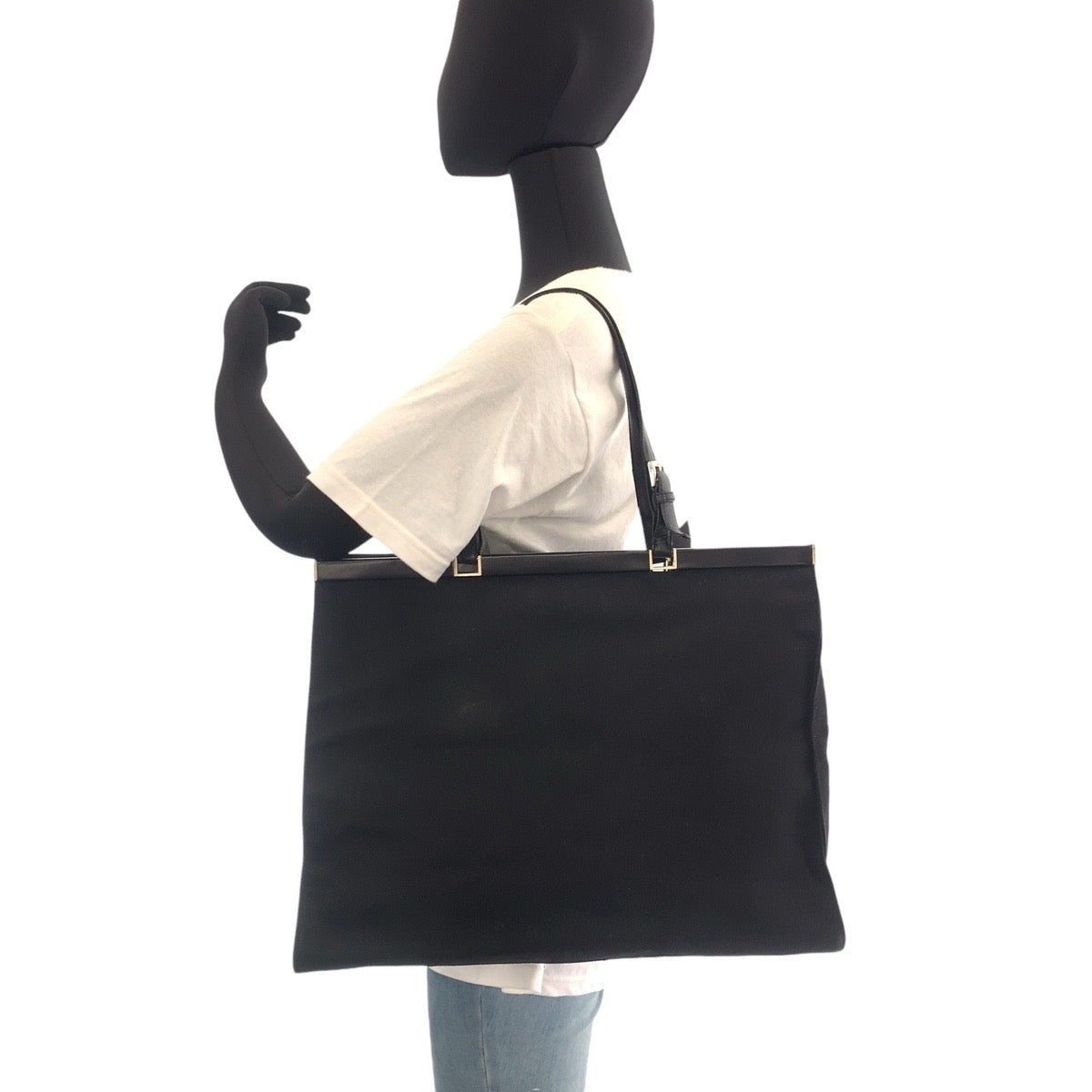 PRADA Tote Bag canvas BlackSilverMetal Tote Bag Shoulder Bag Triangle With logo Women Used Authentic