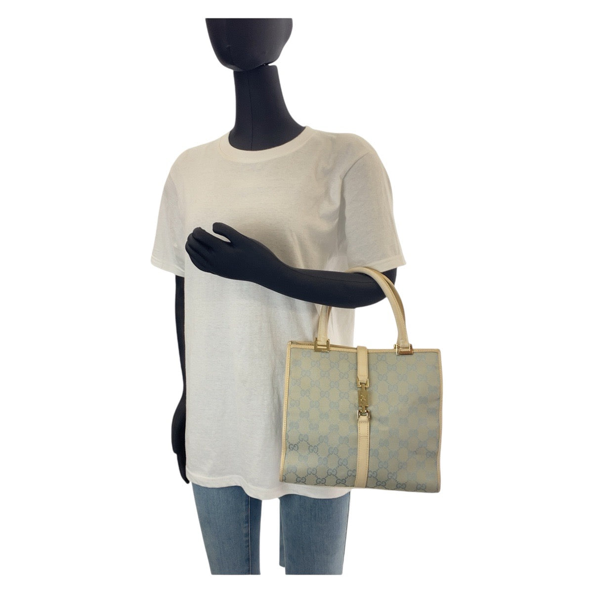 GUCCI Tote Bag GG canvas, leather Light Blue Gold Metal Tote Bag handbag Jackie line Women Used Authentic