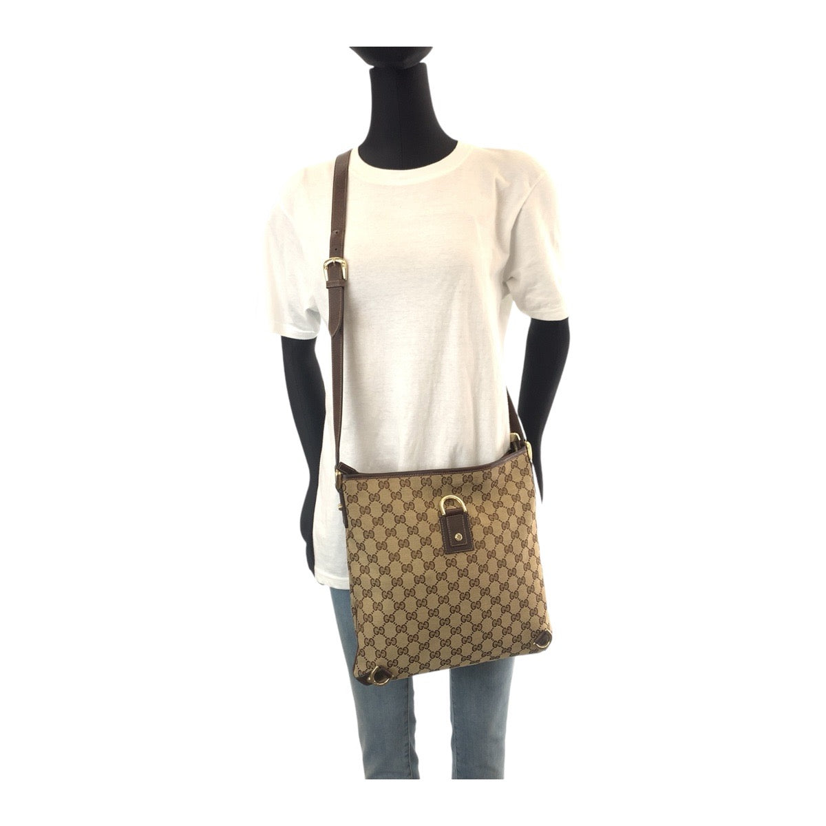 GUCCI Shoulder Bag GG canvas, leather Beige Brown Gold Metal Crossbody Shoulder Bag Pochette Abbey Women Used Authentic