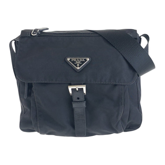 PRADA Shoulder Bag Nylon Black SilverMetal Shoulder Bag pochette Test Triangle With logo Women Used Authentic