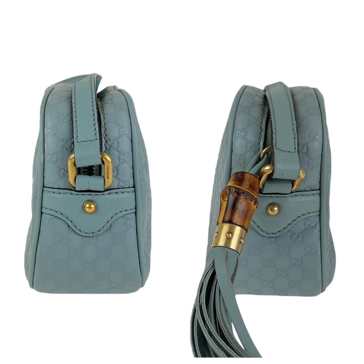 GUCCI Shoulder Bag 309538 leather Blue GoldMetal Crossbody Shoulder Bag Pochette Micro Guccissima Bamboo Women Used Authentic