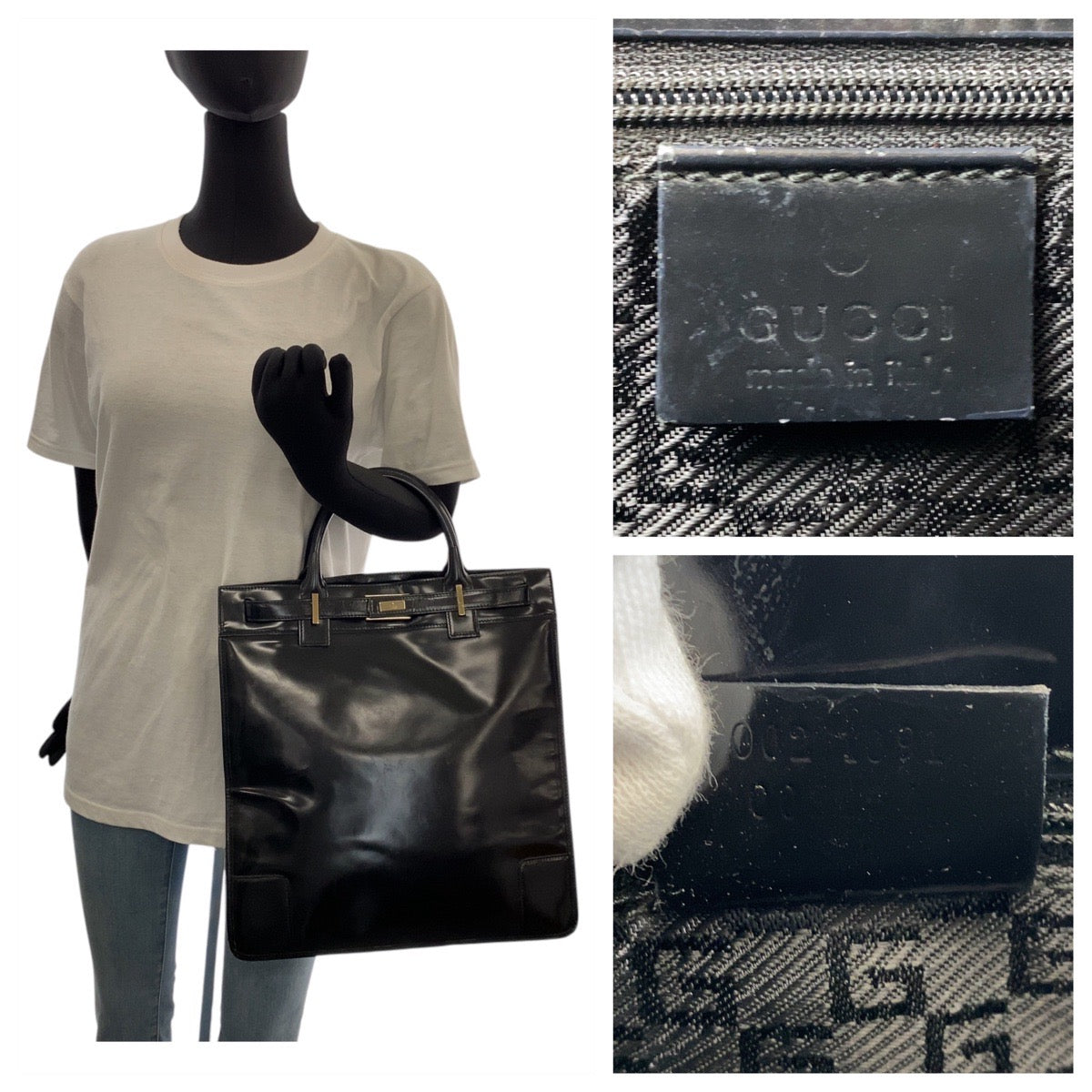 GUCCI Tote Bag 002 1091 leather Black Gold Metal Tote Bag Women Used Authentic