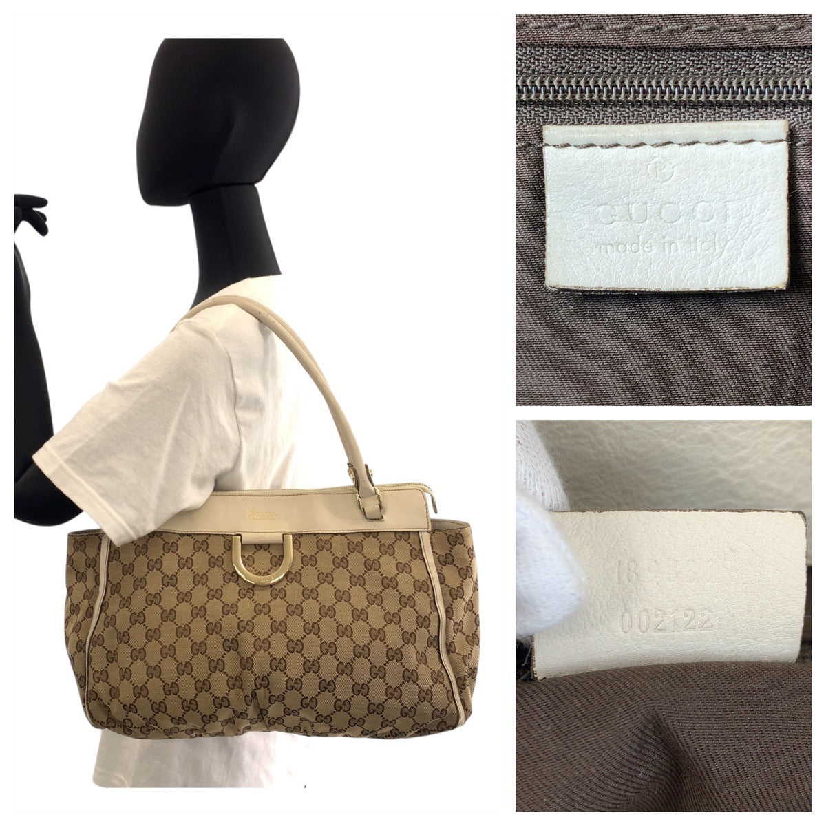 GUCCI Tote Bag 189831 GG canvas, leather Beige White Gold Metal Tote Bag Shoulder Bag Women Used Authentic