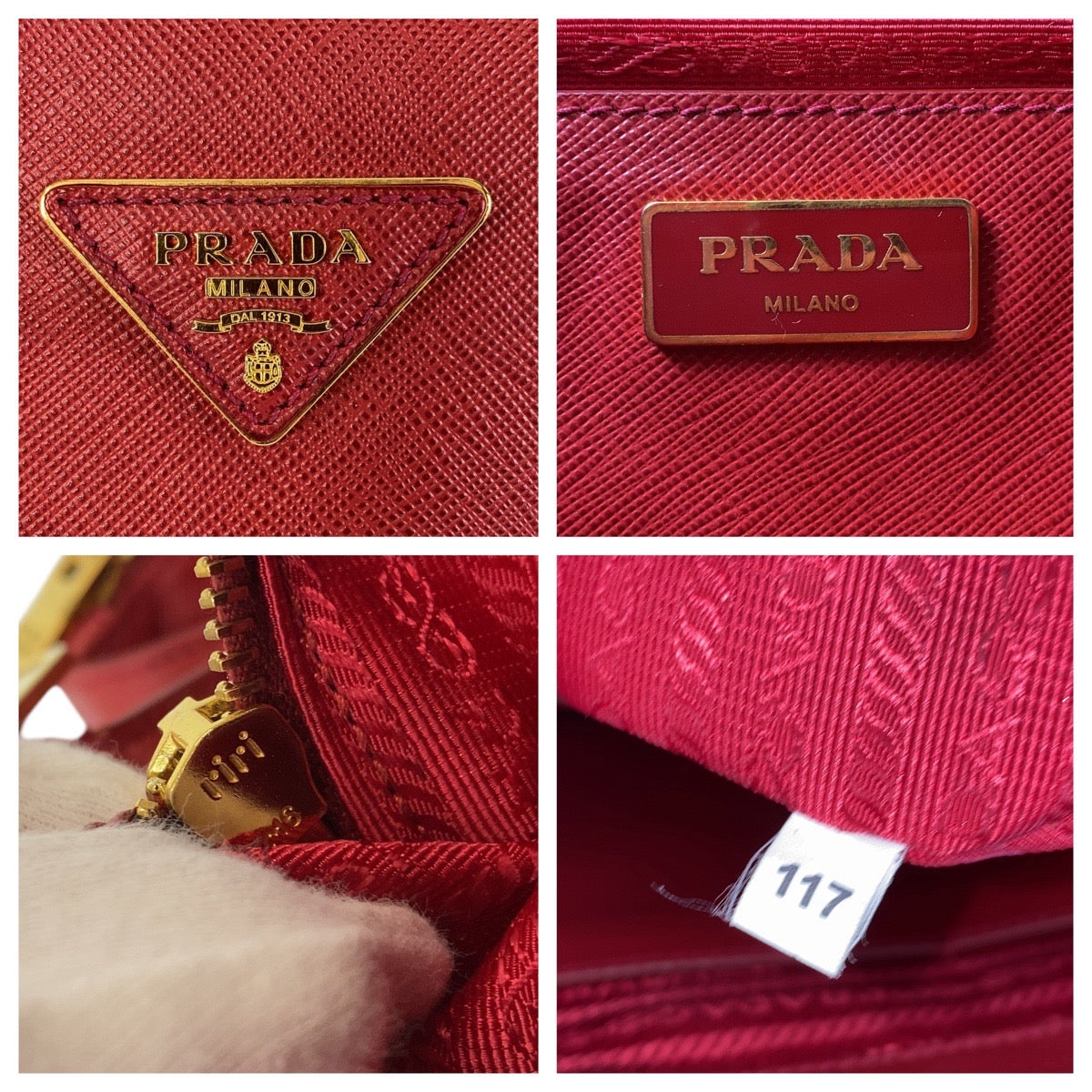PRADA Handbag leather Red Gold Metal Handbag Safiano Galleria Women Used Authentic