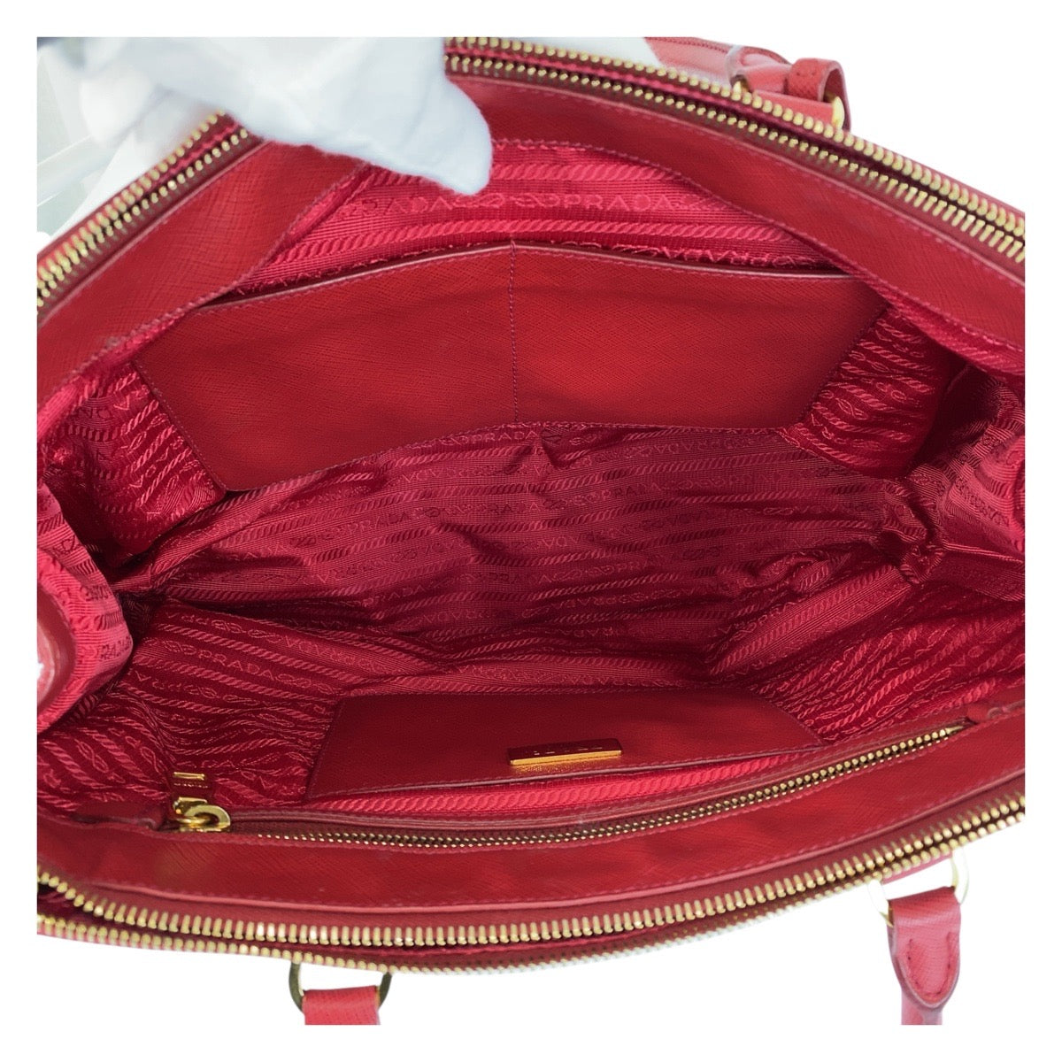 PRADA Handbag leather Red Gold Metal Handbag Safiano Galleria Women Used Authentic