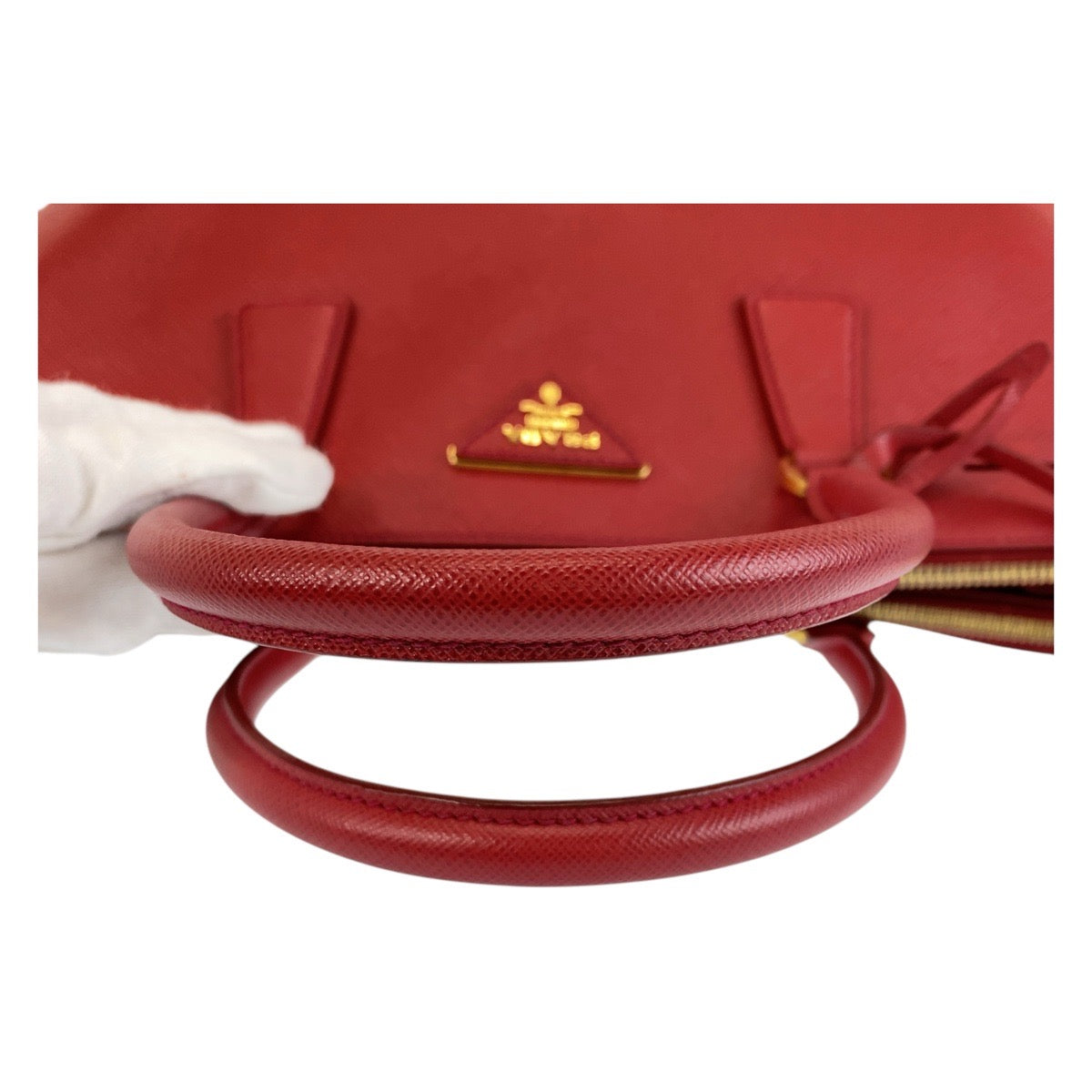 PRADA Handbag leather Red Gold Metal Handbag Safiano Galleria Women Used Authentic