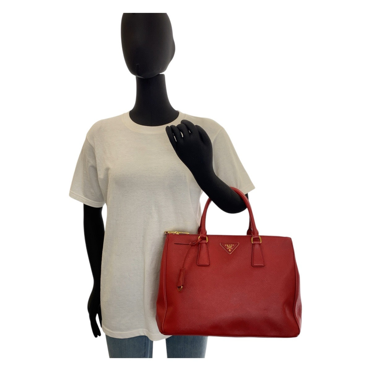 PRADA Handbag leather Red Gold Metal Handbag Safiano Galleria Women Used Authentic