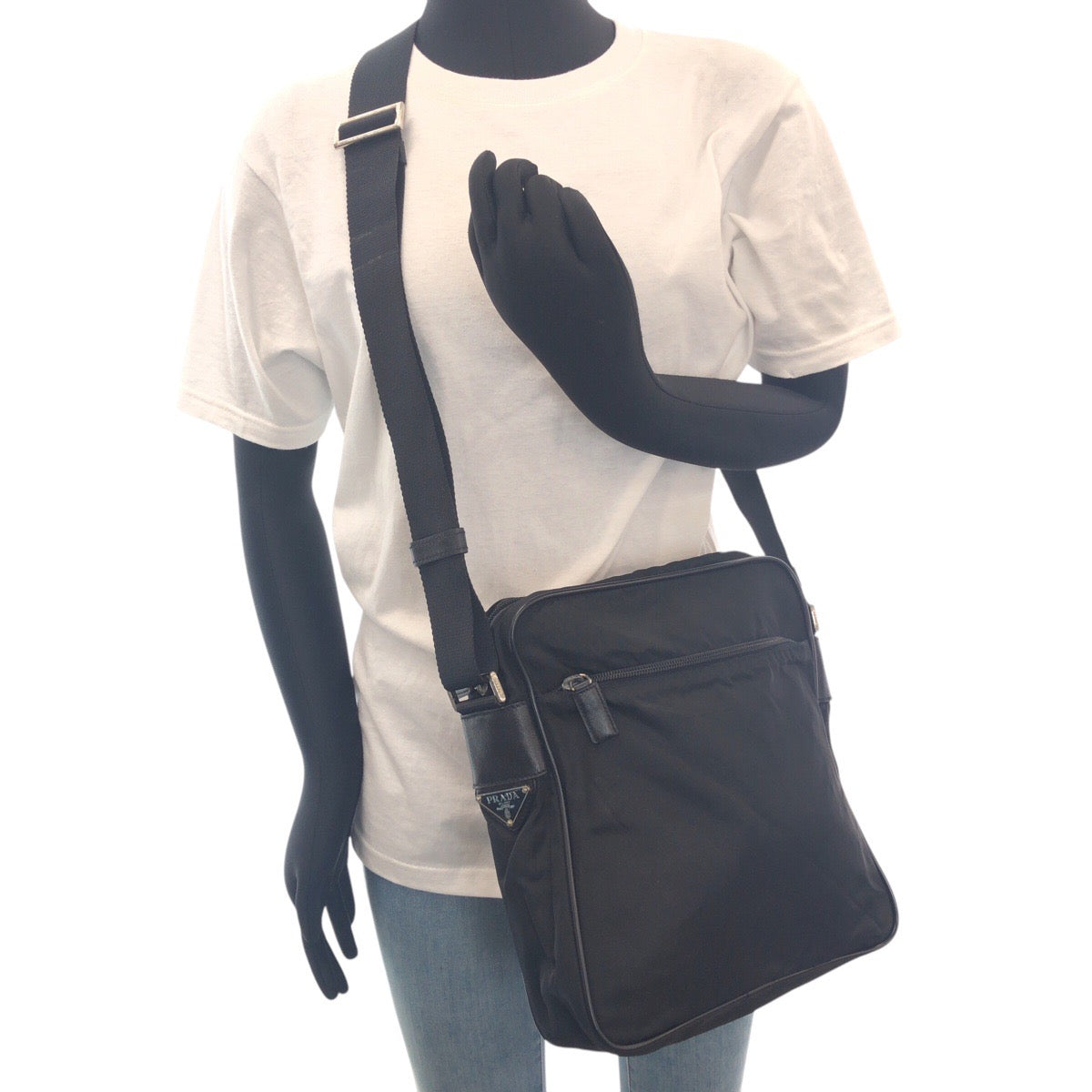 PRADA Shoulder Bag Nylon Black SilverMetal Crossbody Shoulder Bag Test Triangle With logo Women Used Authentic