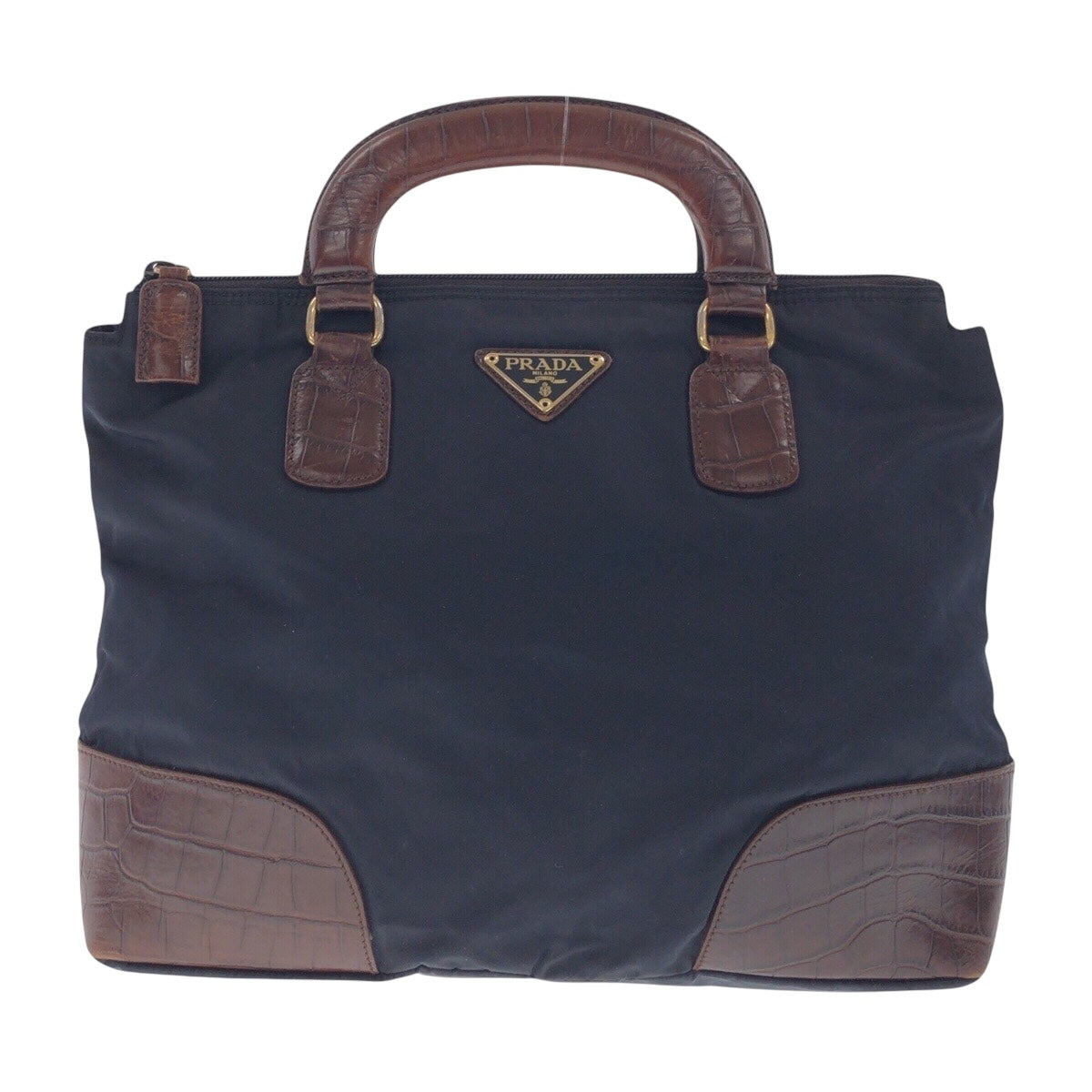 PRADA Tote Bag Nylon, Leather Navy Brown Gold Metal Tote Bag handbag Tessuto embossed Triangle With logo Women Used Authentic