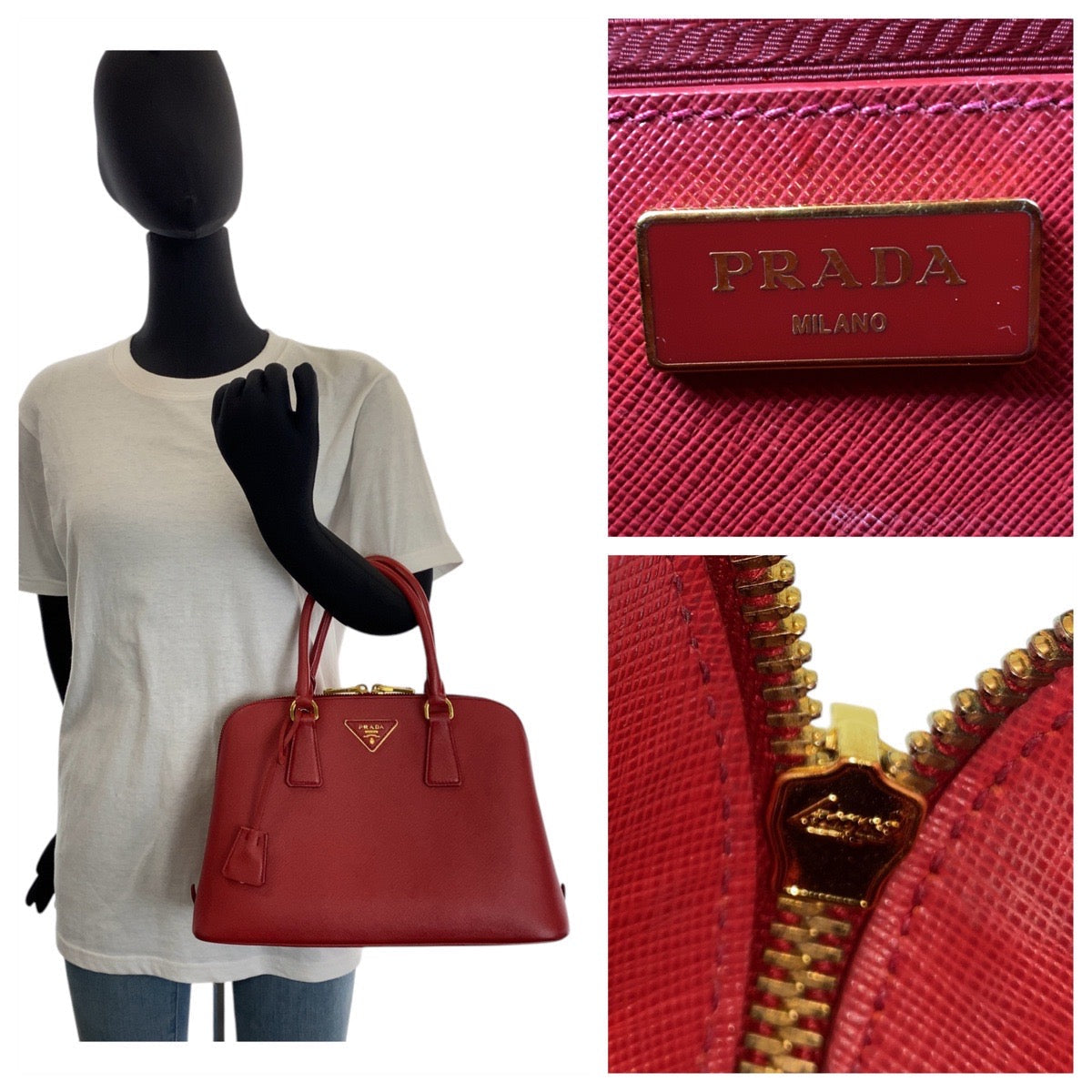 PRADA Handbag leather Red Gold Metal Handbag Safiano Promenade triangleWith logo Women Used Authentic