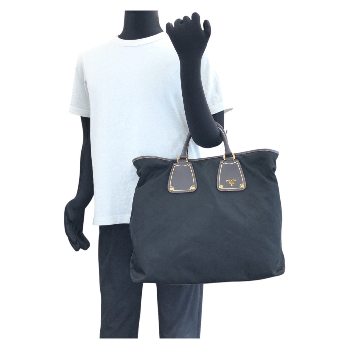 PRADA Tote Bag Nylon, Leather Black Gold Metal Tote Bag Shoulder Bag 2way Testo Saffiano mens Used Authentic