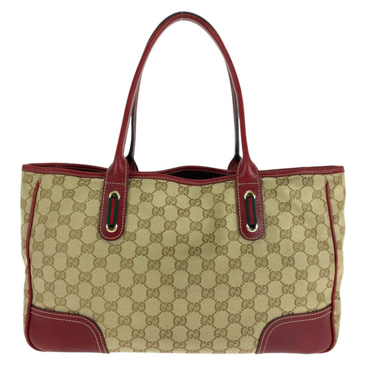 GUCCI Tote Bag 163805 GG canvas, leather Beige Red Gold Metal Tote Bag Shoulder Bag Sherry Line Princess Women Used Authentic