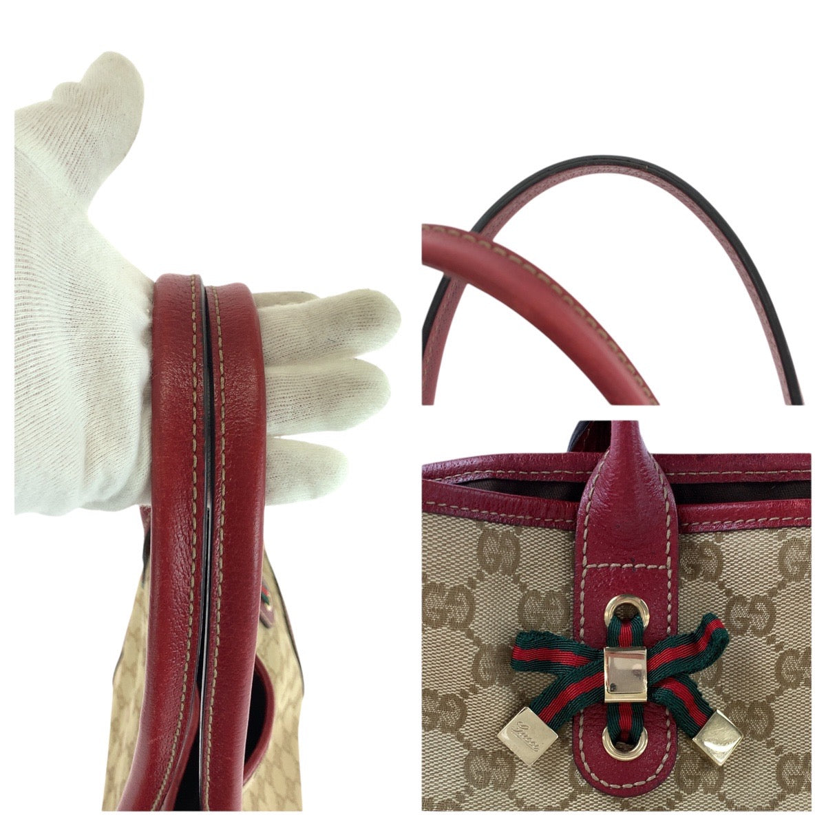 GUCCI Tote Bag 163805 GG canvas, leather Beige Red Gold Metal Tote Bag Shoulder Bag Sherry Line Princess Women Used Authentic