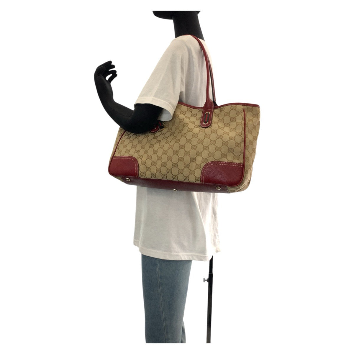 GUCCI Tote Bag 163805 GG canvas, leather Beige Red Gold Metal Tote Bag Shoulder Bag Sherry Line Princess Women Used Authentic