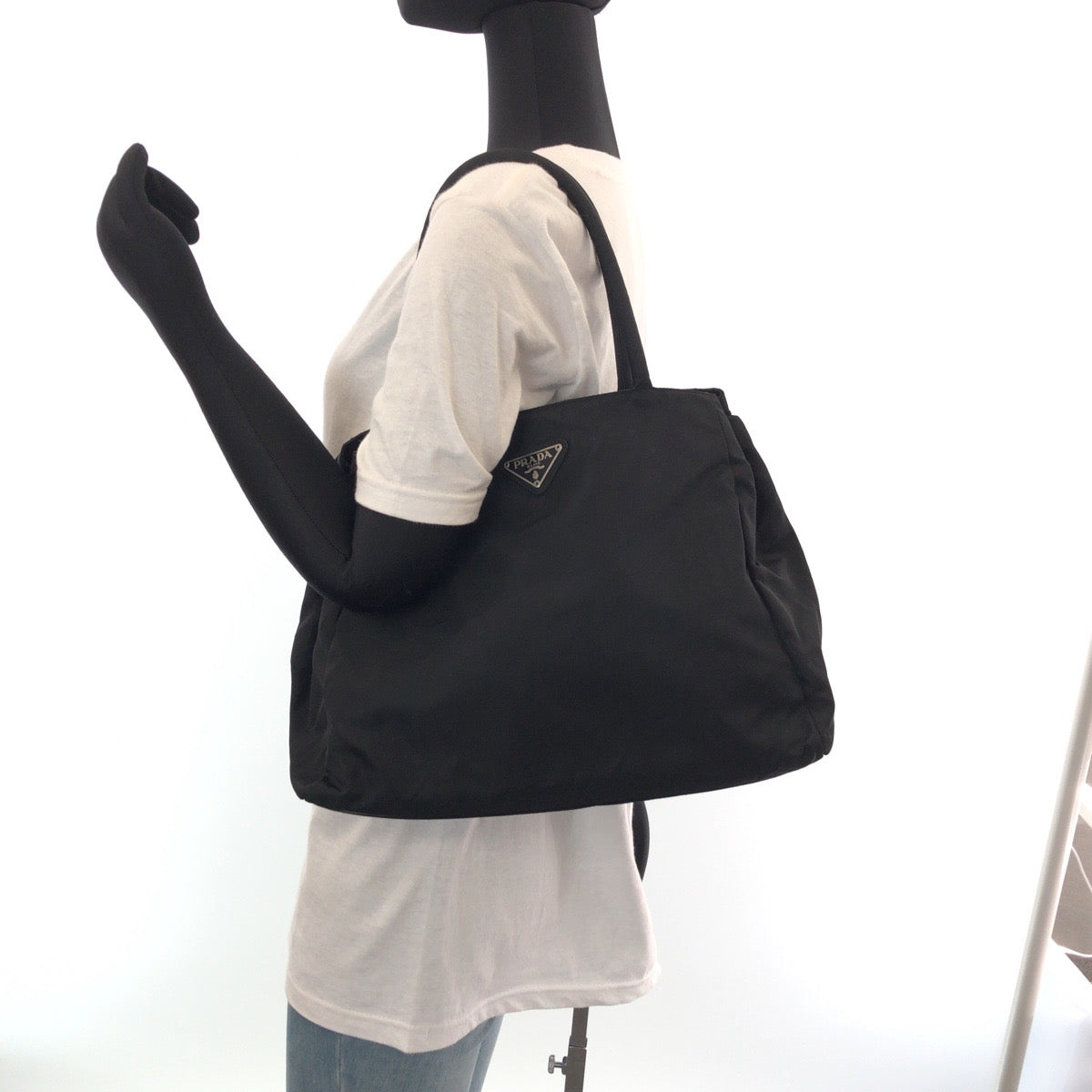 PRADA Tote Bag Nylon Black SilverMetal Tote Bag Shoulder Bag Test Triangle With logo Women Used Authentic