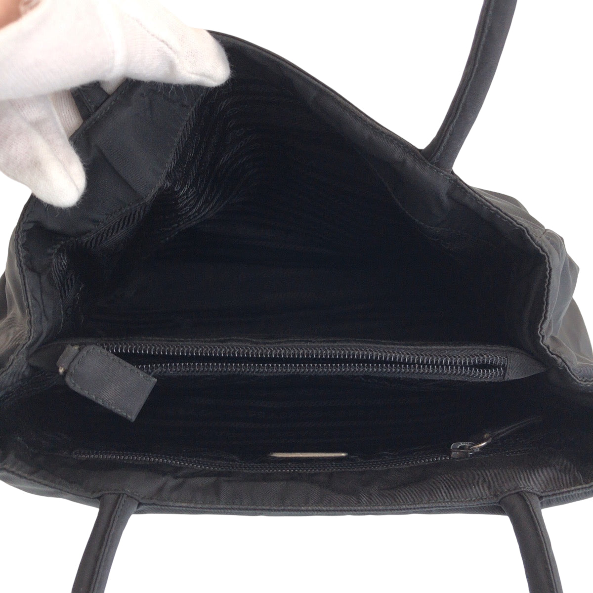 PRADA Tote Bag Nylon Black SilverMetal Tote Bag Shoulder Bag Test Triangle With logo Women Used Authentic