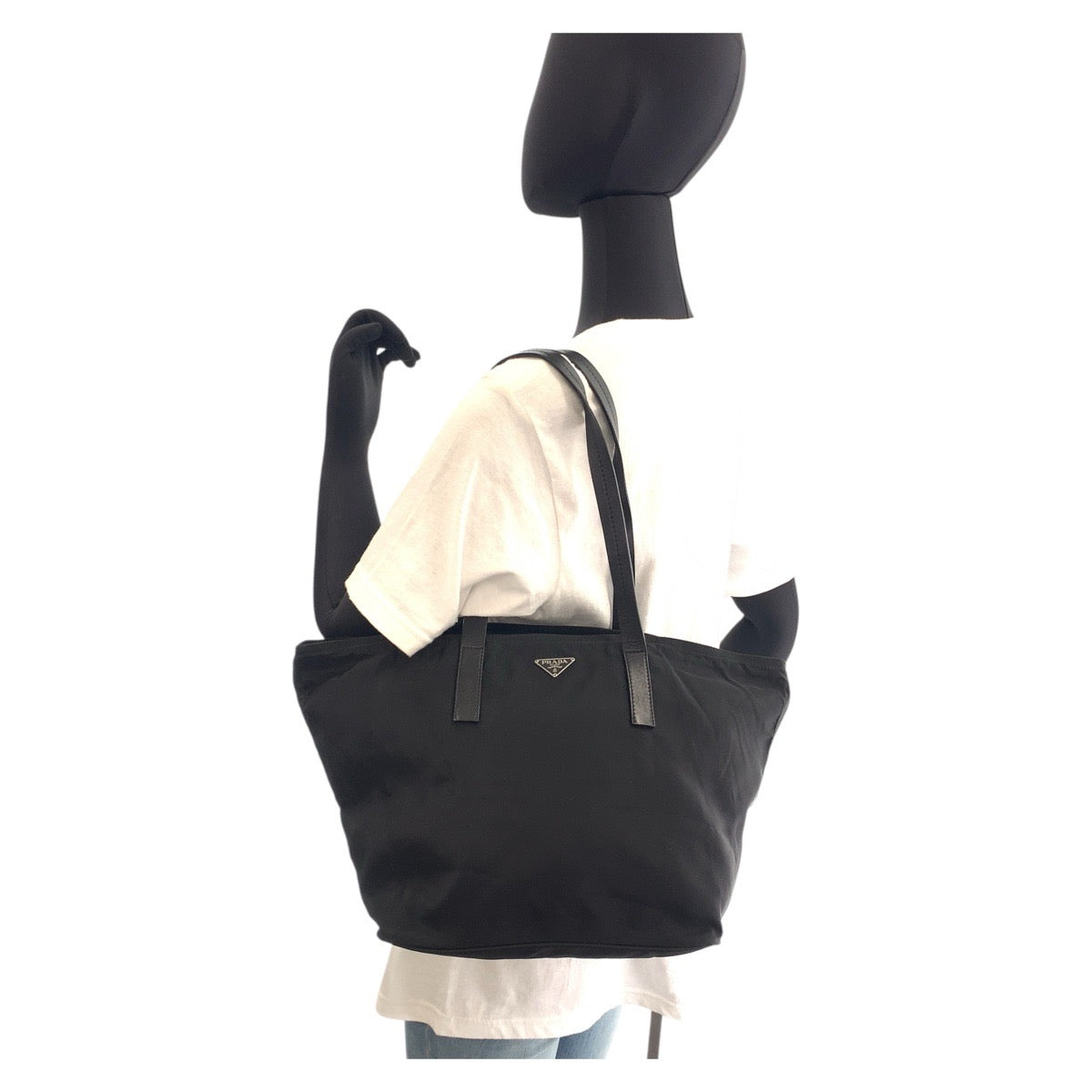 PRADA Tote Bag Nylon Black SilverMetal Tote Bag Shoulder Bag Test Triangle With logo Women Used Authentic