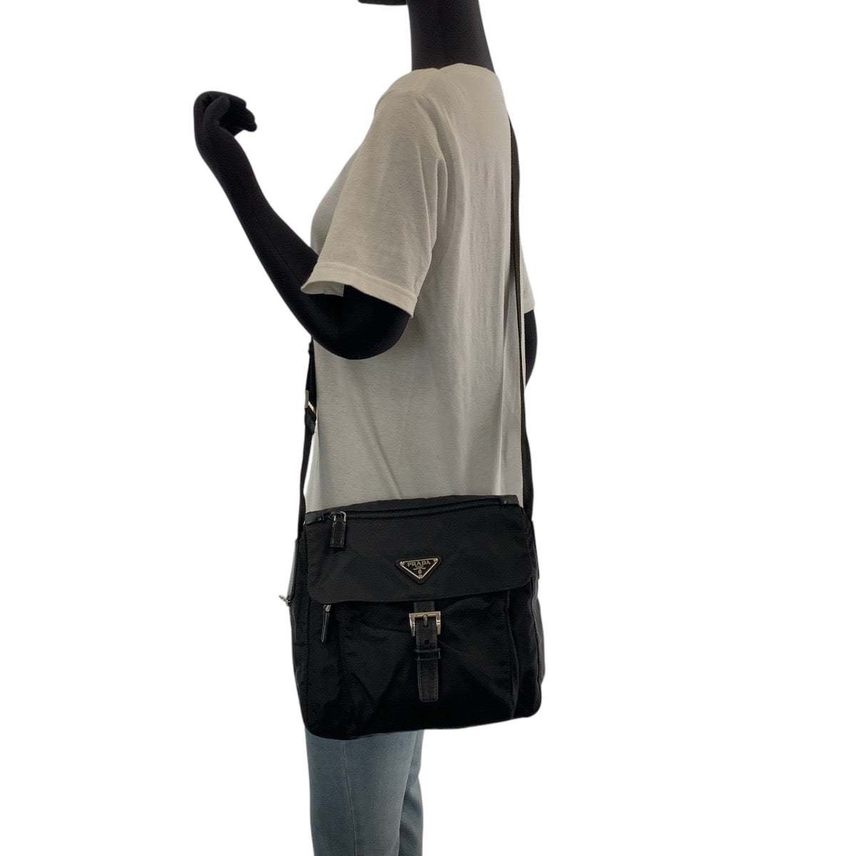 PRADA Shoulder Bag Nylon Black SilverMetal Shoulder Bag pochette Test Triangle With logo Women Used Authentic