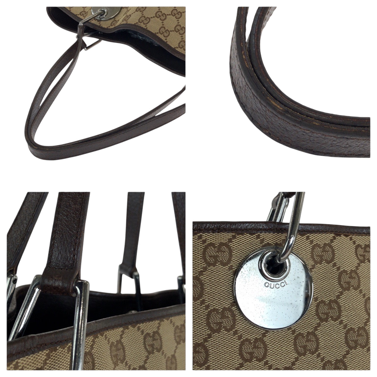 GUCCI Tote Bag 120836 GG canvas Beige Brown SilverMetal Tote Bag Shoulder Bag Women Used Authentic