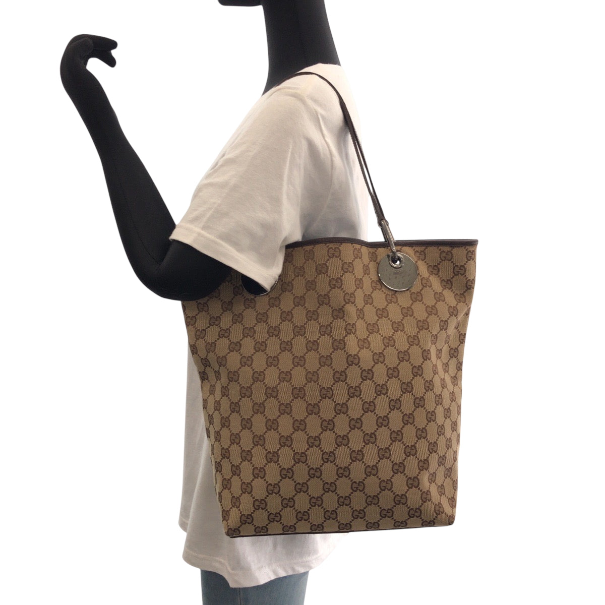 GUCCI Tote Bag 120836 GG canvas Beige Brown SilverMetal Tote Bag Shoulder Bag Women Used Authentic