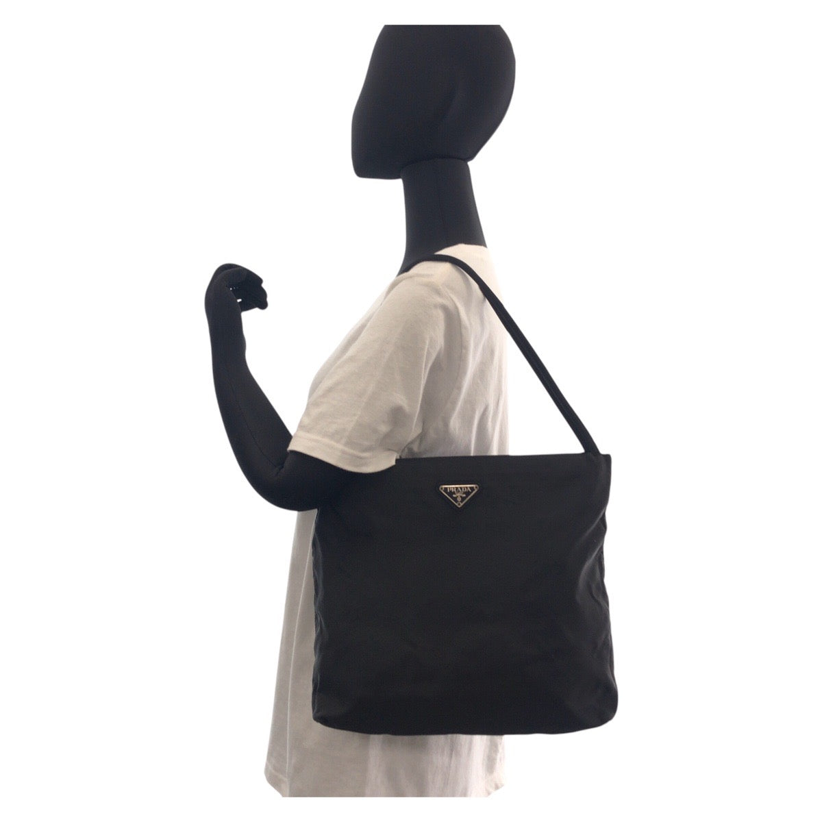 PRADA Tote Bag Nylon Black SilverMetal Tote Bag Shoulder Bag Test Triangle With logo Women Used Authentic