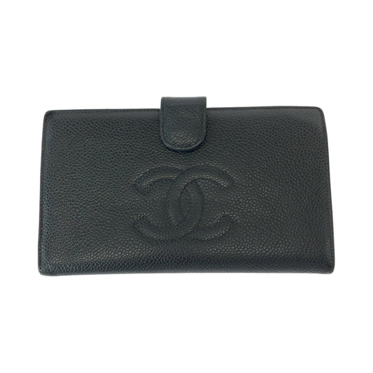CHANEL Long Wallet Purse Caviar skin Black GoldMetal Long Wallet Purse COCO Mark Women Used Authentic