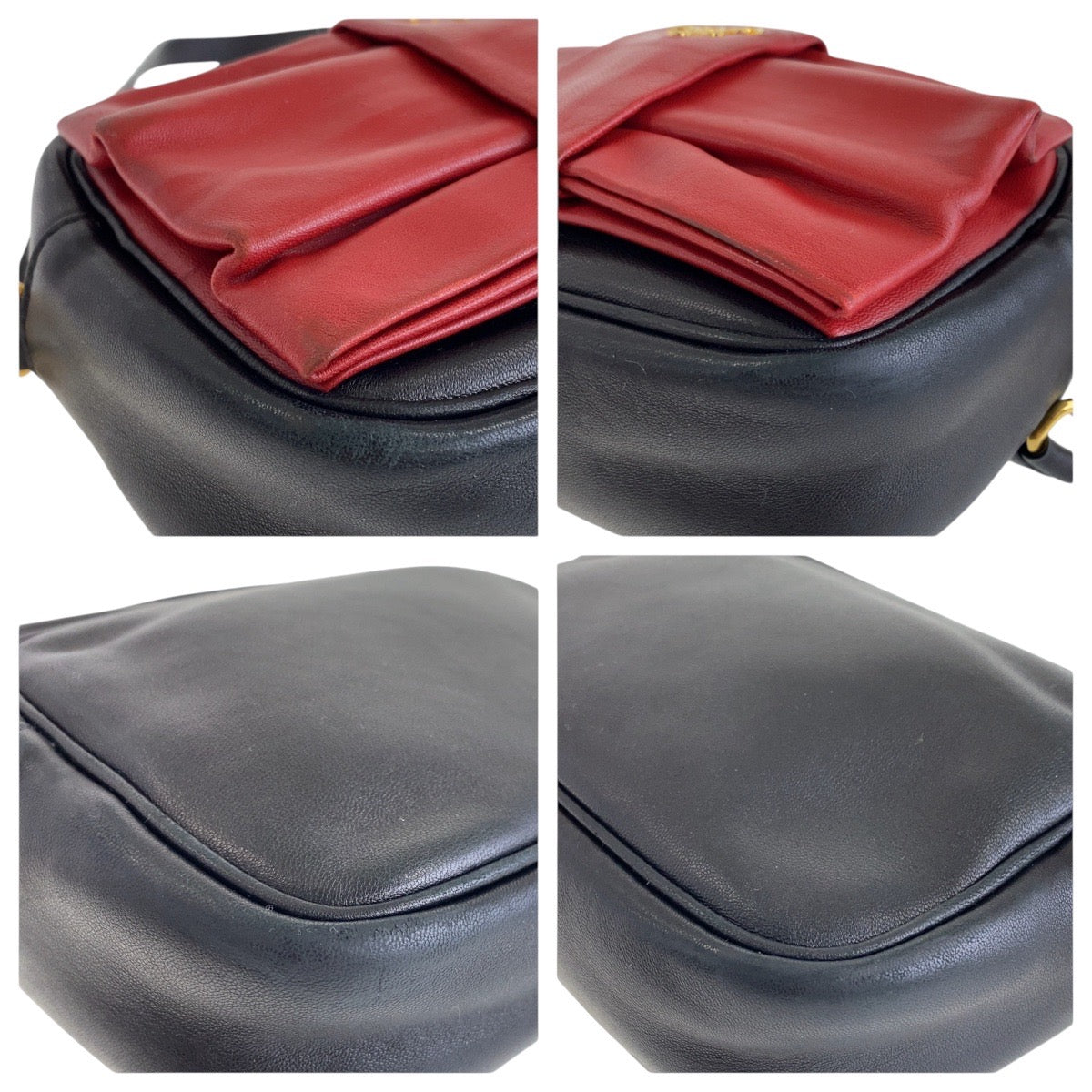 PRADA Shoulder Bag leather Red Black Gold Metal Shoulder Bag pochette ribbon Women Used Authentic