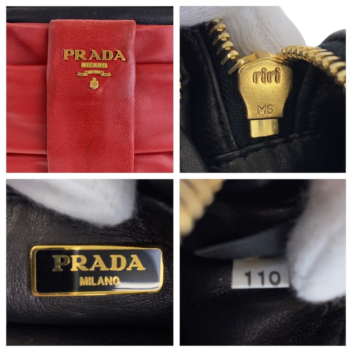 PRADA Shoulder Bag leather Red Black Gold Metal Shoulder Bag pochette ribbon Women Used Authentic