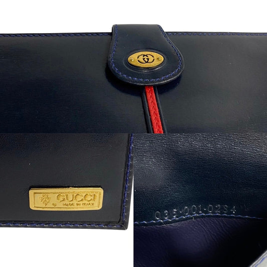 GUCCI Long Wallet Purse leather Navy GG logo Metal Sherry line Women Used Authentic