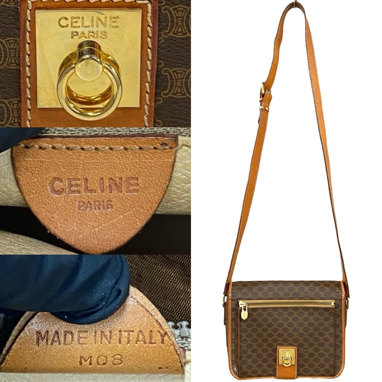 CELINE Shoulder Bag Leather, PVC Brown Macadam Blason Triomphe Pattern logo ring Metal Women Used Authentic